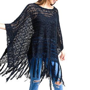 Boho crochet knit tassel fringe hem poncho black